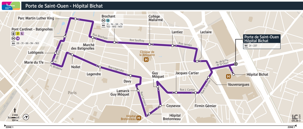 Tracé de la ligne de Bus La Traverse Batignolles – Bichat
